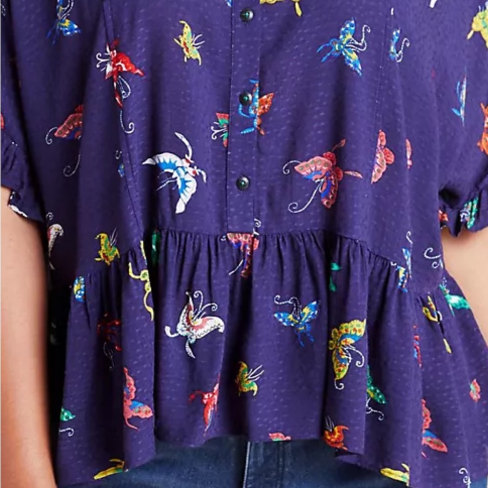 Maeve Mallory Ruffled Blouse Colorful Butterfly Print Blouse